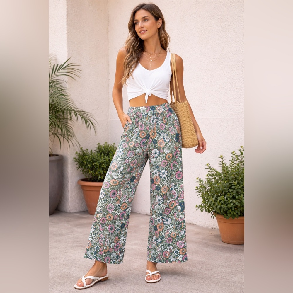 Cato NWT Floral Wide-Leg Pants in Pink and Green